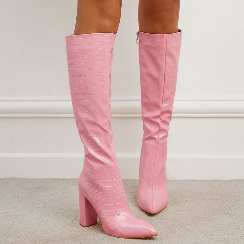 Fashion Winter Pointed Toe High Square Heel Boots. With Side Zipper