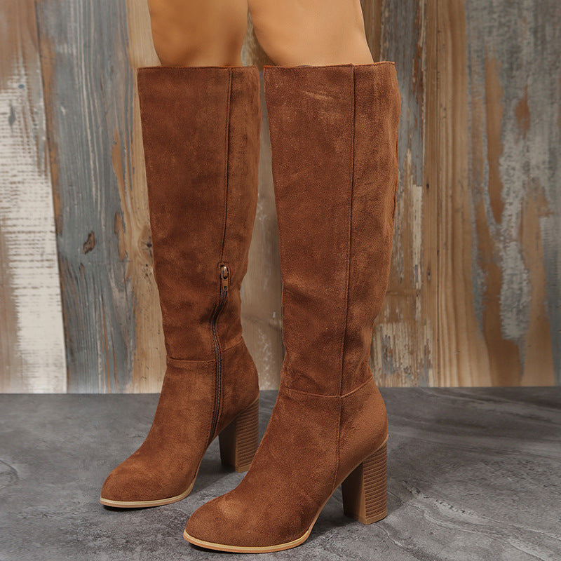 Women's Plus Size Long Side Zipper, Medium Chunky Heel Biker Boots