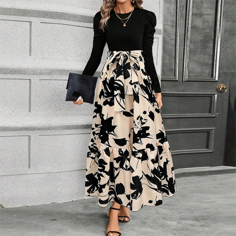 Women's Round Neck Long Sleeve Dresses. Patchwork Print & Pleated Spring & Fall Maxi Dress