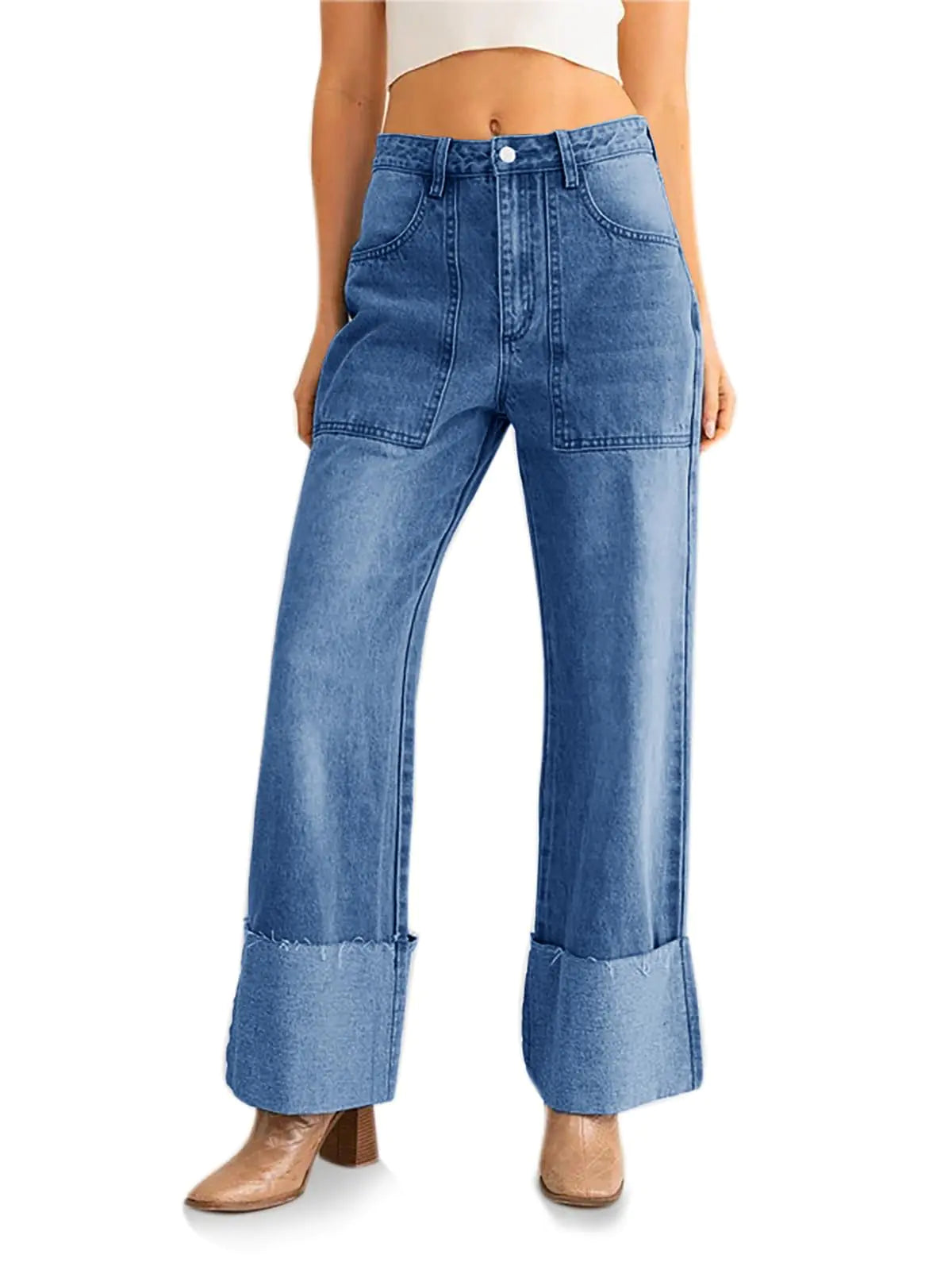 Womens Baggy Cuffed Jeans. Casual Straight Leg Boyfriend Denim Pants with Pockets Blue
