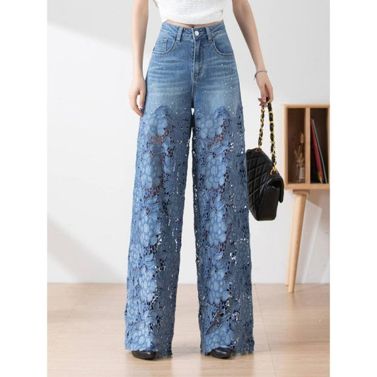 Women's Stitching High Waist Wide Leg  Jeans Pants