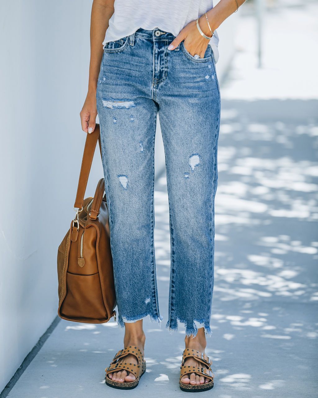 Light Blue Casual Nine-piece Straight Jeans.  Women Pants
