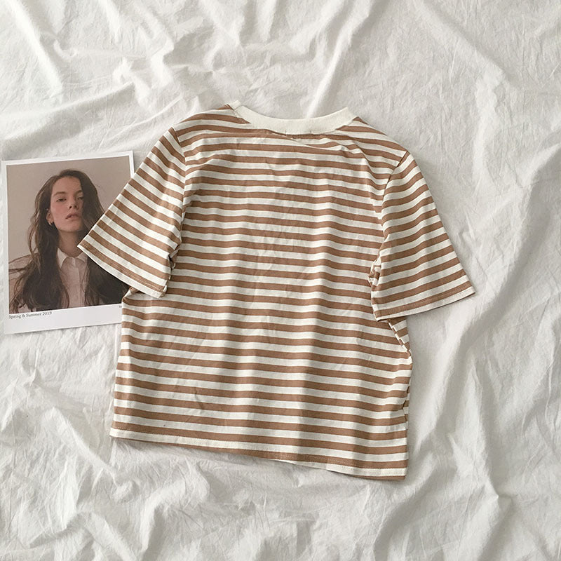 Round neck pullover striped short sleeves