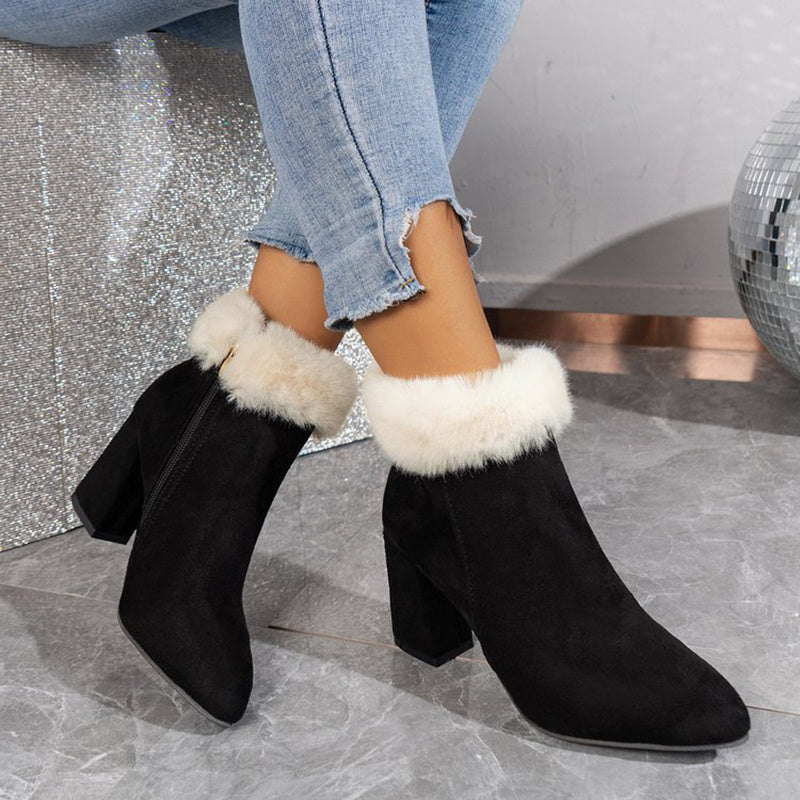Plaid Print Plush Ankle Winter Boots. Heel Suede Women Boots