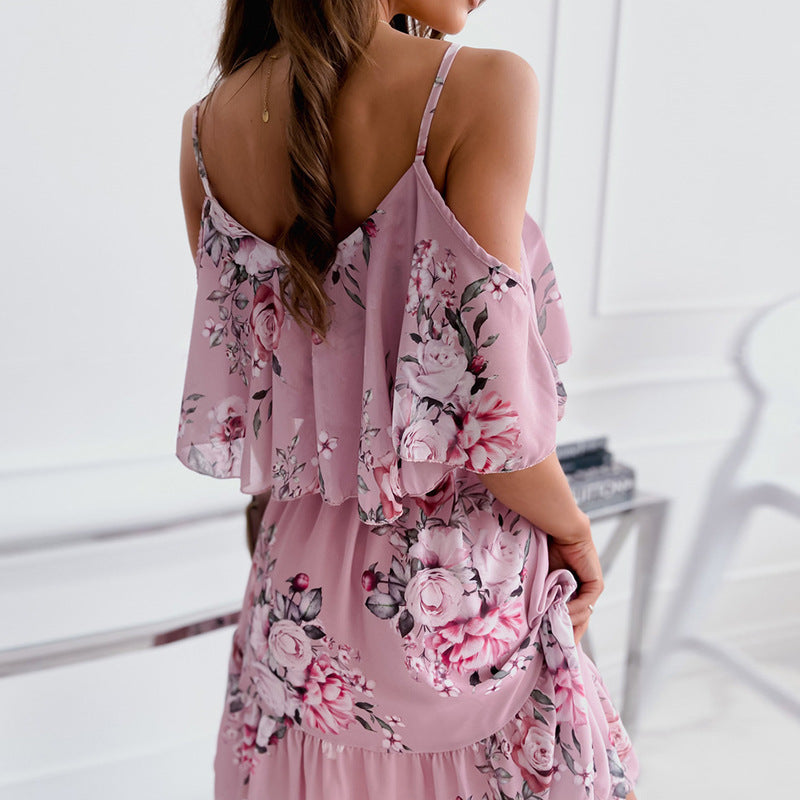 Flower Printed Ruffled Suspender Summer Dresses. Off-the-shoulder Strap Women dress