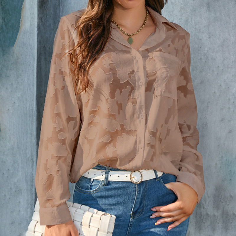 Womens Casual Sheer Button down, Long Sleeve V Neck Jacquard Blouses Tops