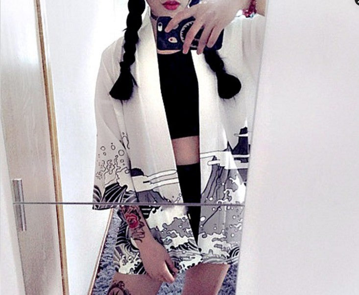 Korean version of the wild five-point sleeve Japanese style and wind feather weaving sunscreen chiffon cardigan women's clothing