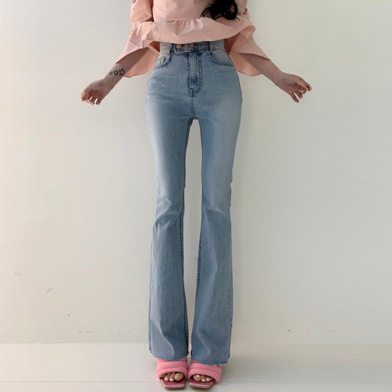 Spring Versatile High Waist Slimming Two-button Double Pocket. Slightly Flared Jeans Trousers