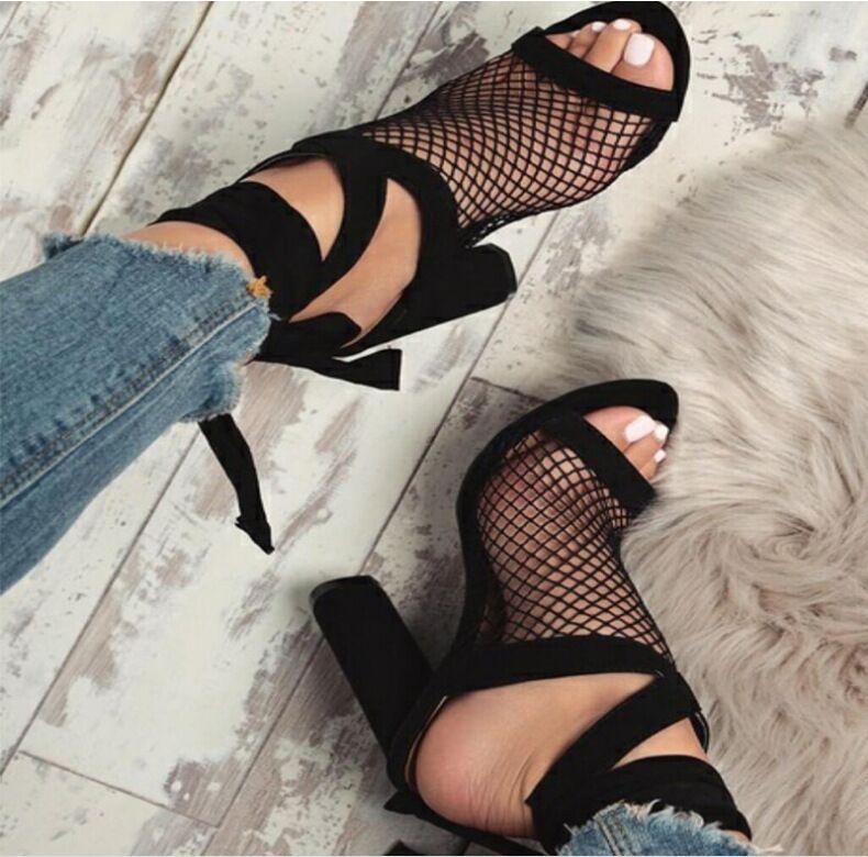 Women Bandage Flock Cross Strap Lace Up High Heels Sandals