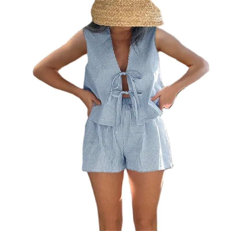 Women Casual Summer Lounge Set. Y2k 2 Piece Sleeveless Tie Front Tank Top Vest & Boxer Shorts outfit set