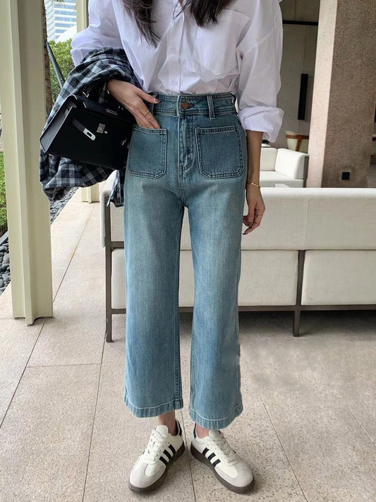 Light Blue Wide-leg High Waist Jeans. Straight Loose Women pants.