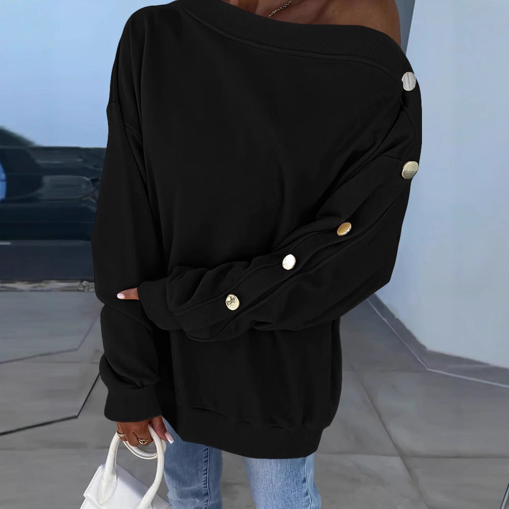 Asymmetric Neckline Button Sleeve Drop-shoulder Sweatshirt