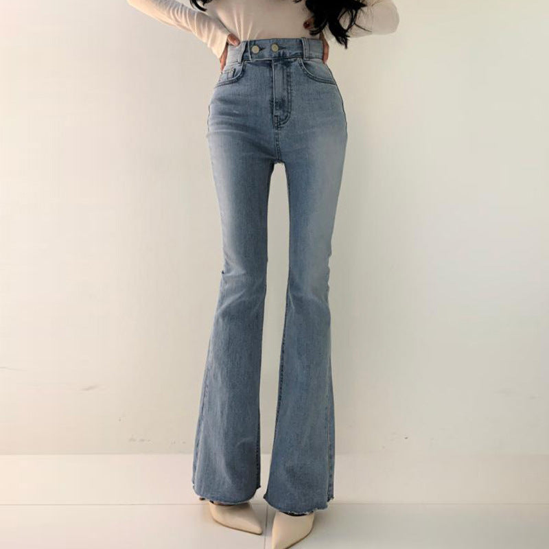 Spring Versatile High Waist Slimming Two-button Double Pocket. Slightly Flared Jeans Trousers