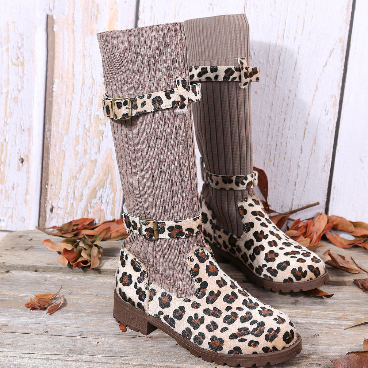 Leapard Winter Mid Calf Women Sock Boots
