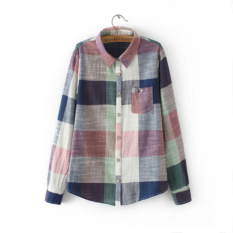 Plaid Women Kimono Vintage, Cotton Long Sleeve Blouse