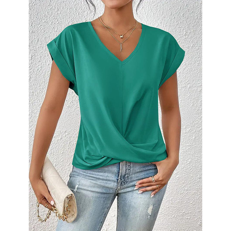 Women's Comfy Casual Summer Tops Short Sleeve V Neck Blouses T Shirts Twist Knot Basic Tees
