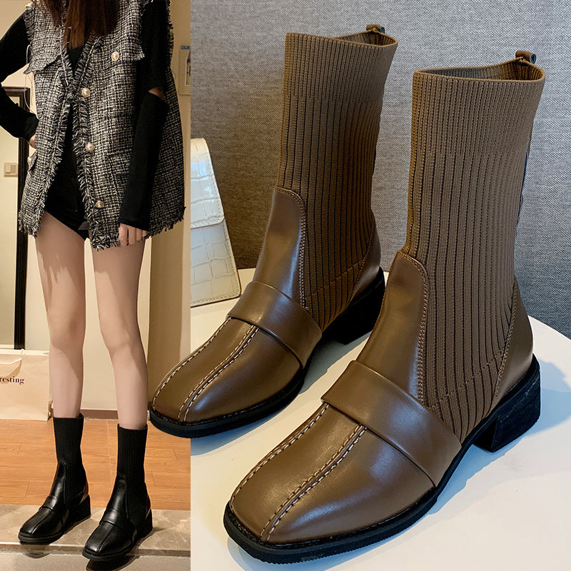 British Style Square Toe Mid-tube Knitted Martin Women Boots