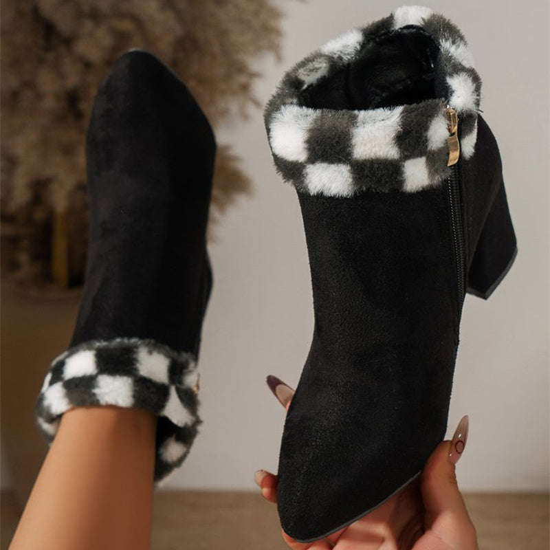 Plaid Print Plush Ankle Winter Boots. Heel Suede Women Boots