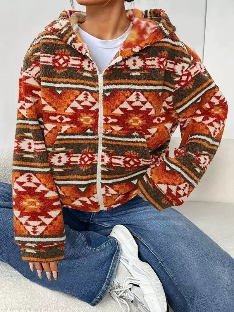 Casual Printed Plush Zipper Cardigan Hooded Coat