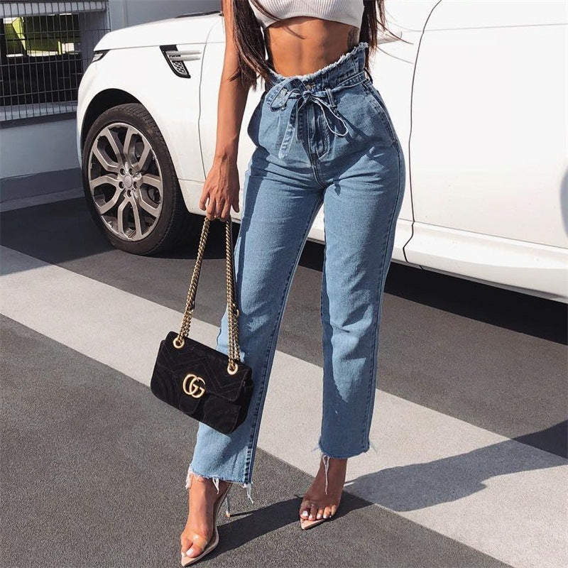 Vintage tassels high waist jeans with gu charge women summer autumn