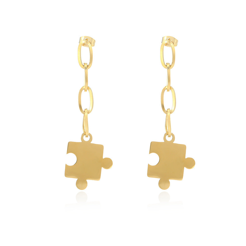 Stainless Steel Long Earrings Geometric Puzzle Pendant Earrings