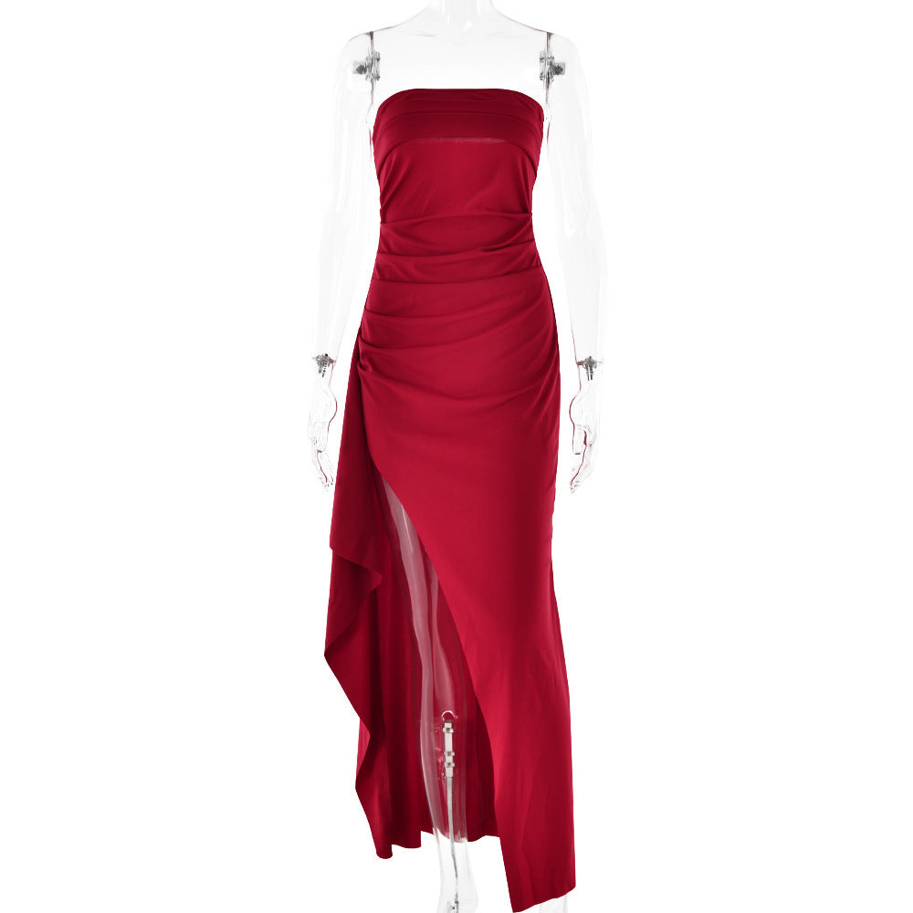 Strapless Split Long Summer Pleated Dress. Party Wedding Clothing