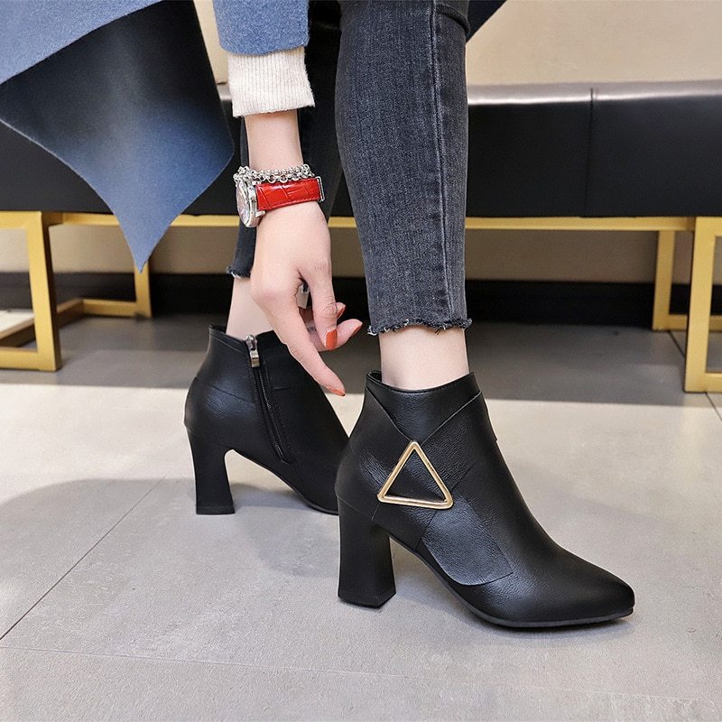 High heels pointed toe all-match solid color leather boots