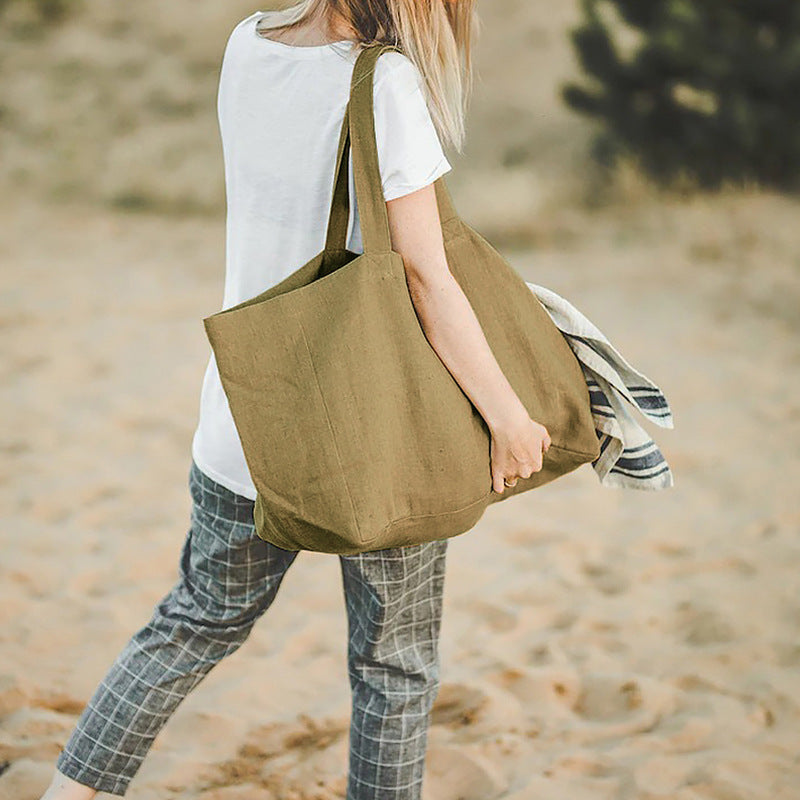Large Capacity Natural Pure Linen Beach Hand Bag