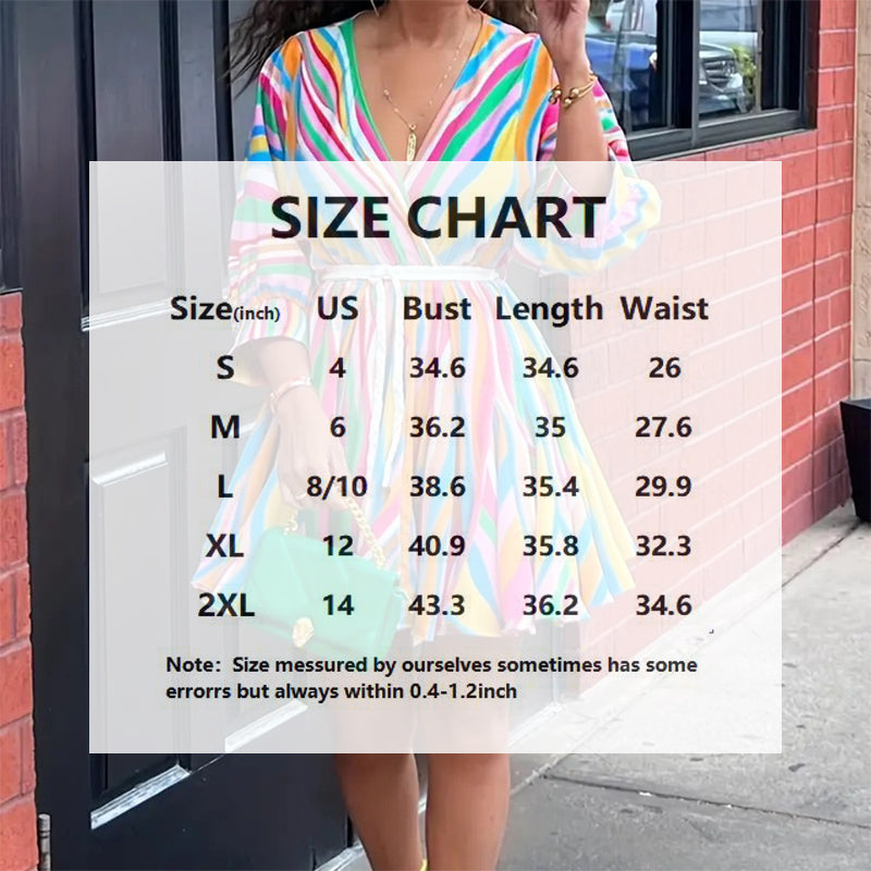 Women's V-Neck Rainbow Stripe Short Dress. Three Quarters Sleeve Casual Summer Sundress With Tie Waist