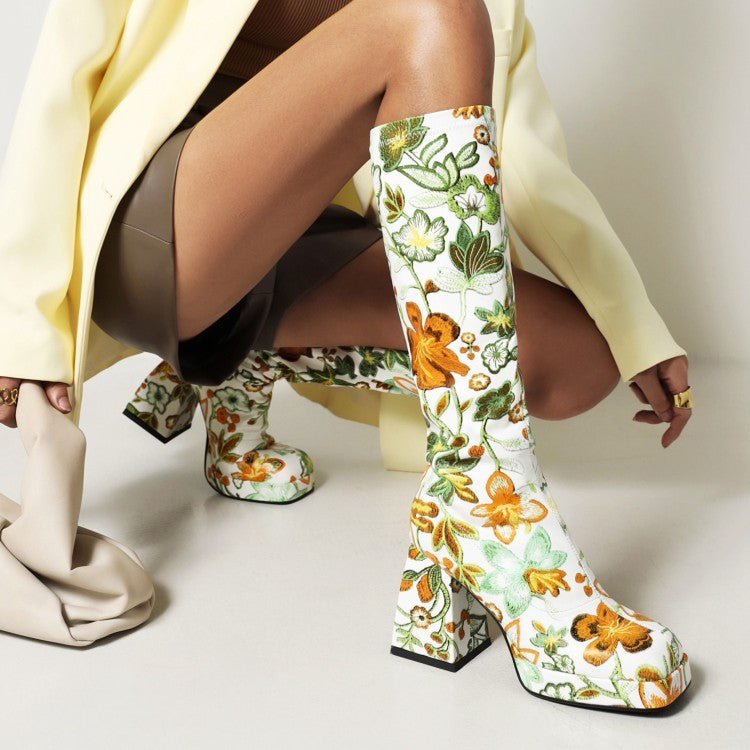 Fashion High Heel Print Square Toe Knight Boots Women