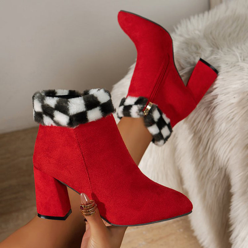 Plaid Print Plush Ankle Winter Boots. Heel Suede Women Boots