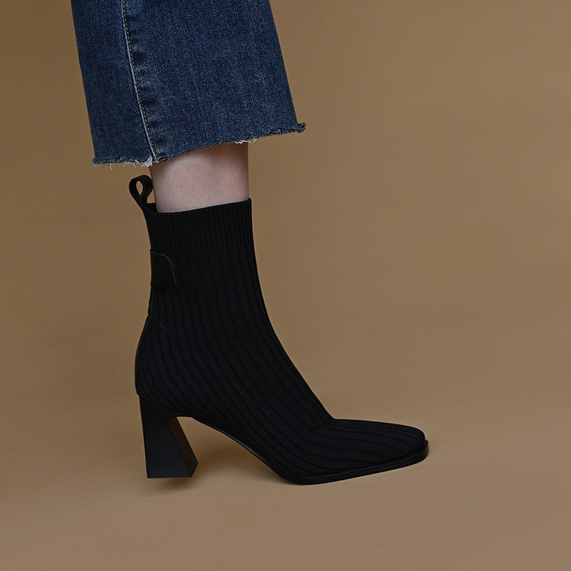 Women's Knitted Square Toe Block Heel Stretch Boots