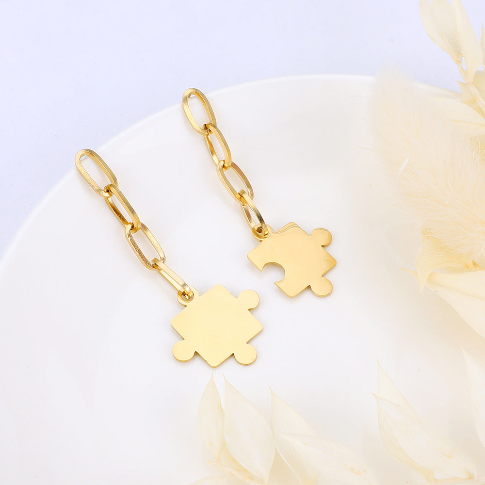 Stainless Steel Long Earrings Geometric Puzzle Pendant Earrings