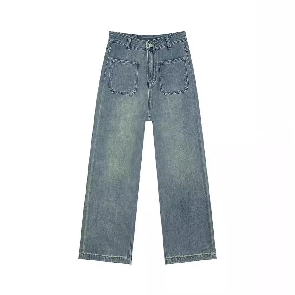 Light Blue Wide-leg High Waist Jeans. Straight Loose Women pants.