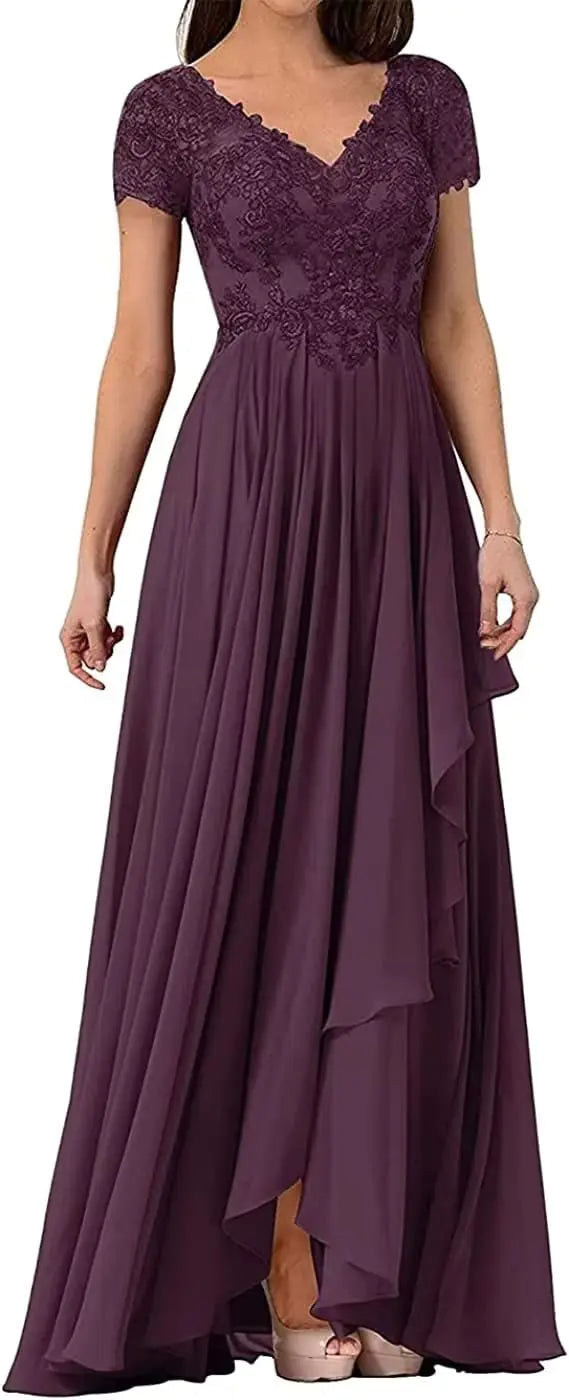 V Neck Mother of The Bride Dress. Long Lace Appliques Chiffon Formal Evening Party Gowns, Plum-US12
