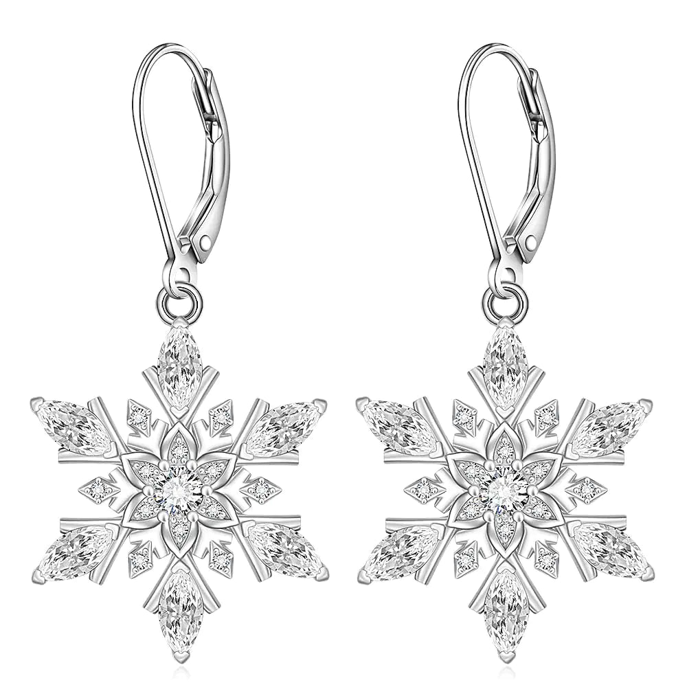 Sterling Silver Snowflakes Earrings for Women. Dangle Leverback Blue Jewelry Snow Holiday