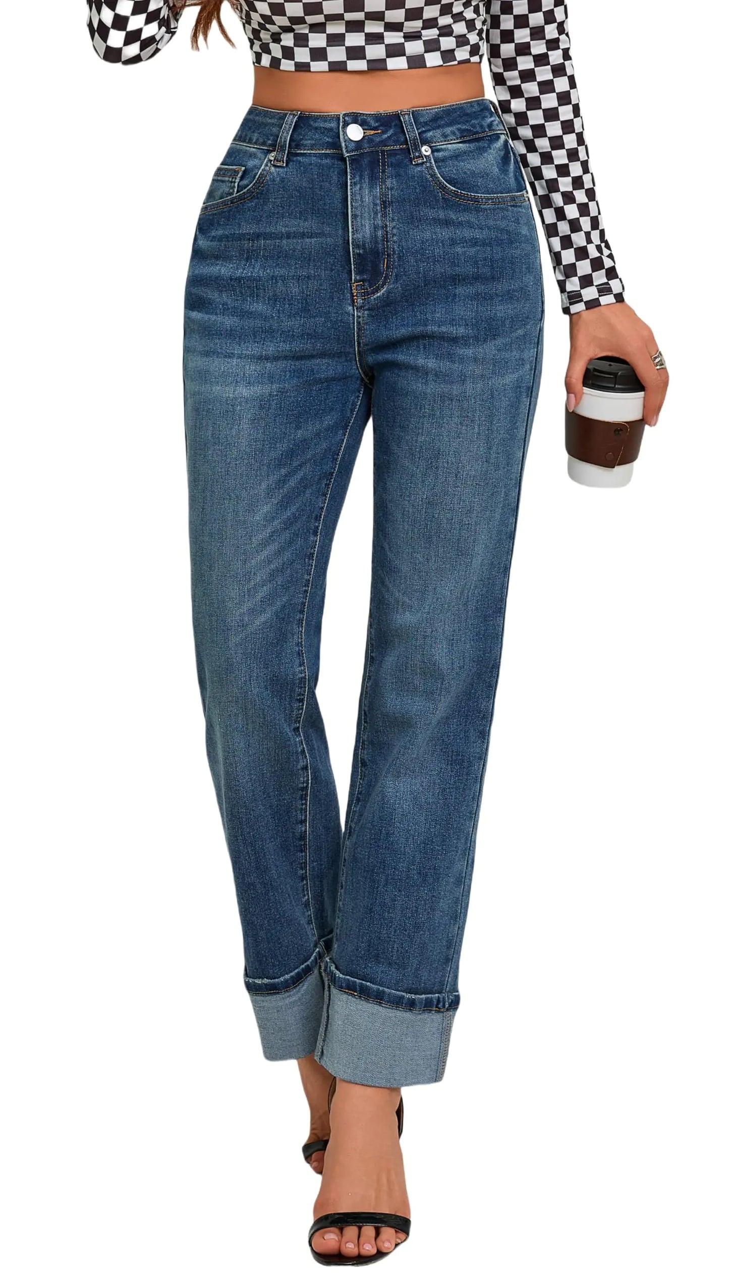 Womens High Waisted Stretchy Straight Leg Jeans. Tummy Control Trendy Cute Ankle Fold Hem Pants