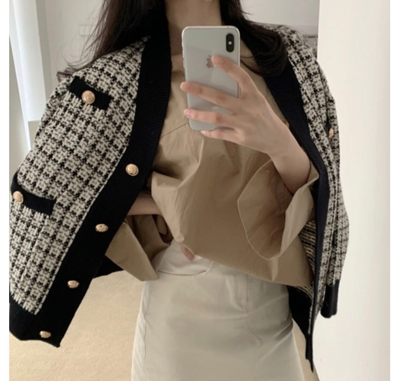 Women's Knitted Plaid Cardigan Jacket - Loose Fit