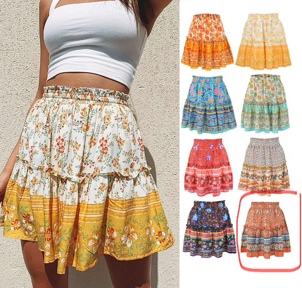 Floral Ruffled Hem Short Skirt with Patchwork Design