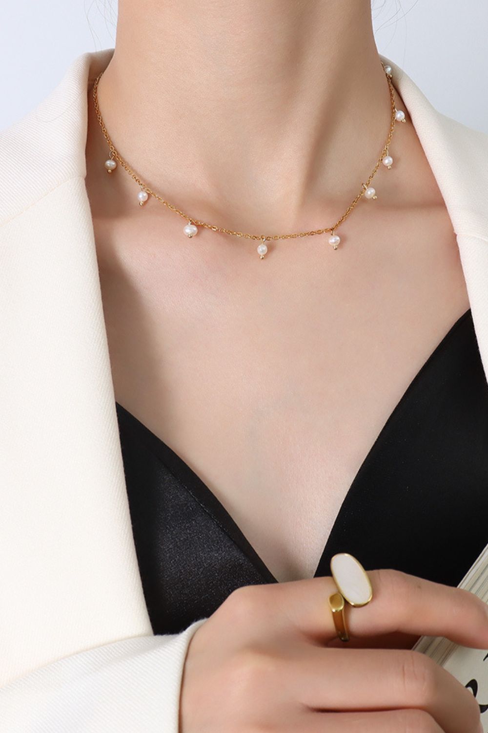 Pearl Titanium Steel Plated 18K Real Gold Colorfast Pearl Starry Necklace