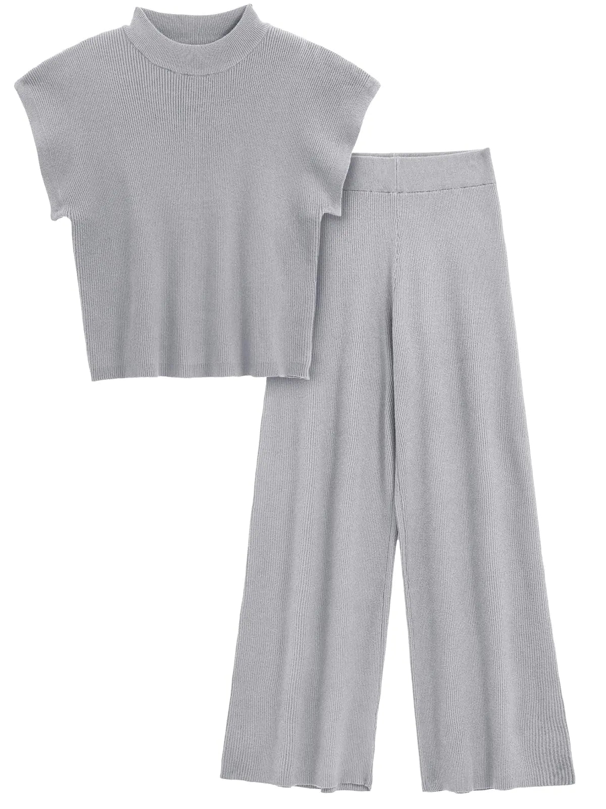 2 Piece Sweater Knit Sets. Mock Neck Short Sleeve Tops and Wide Leg Pants, Casual Tracksuit for women