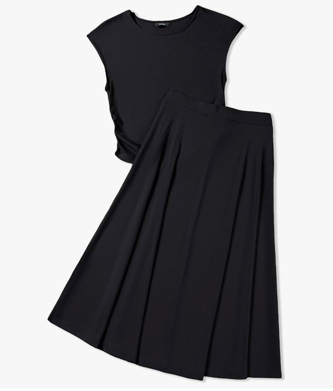 2 Piece Skirt Sets. Short Sleeve Casual Crewneck Ruched Knit Top and Summer A-Line Midi Knit skirt for Women. Elegant Solid Color