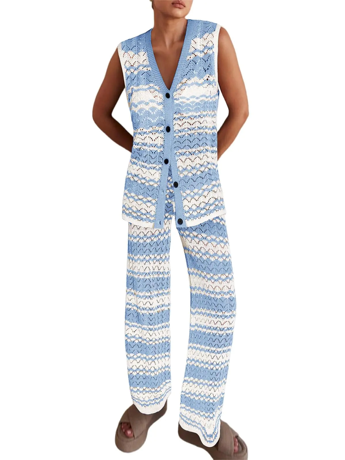 Knit 2 Piece Summer Outfits. Sleeveless Vest Tops and Wide Leg Pants, Striped Loungewear Set for women