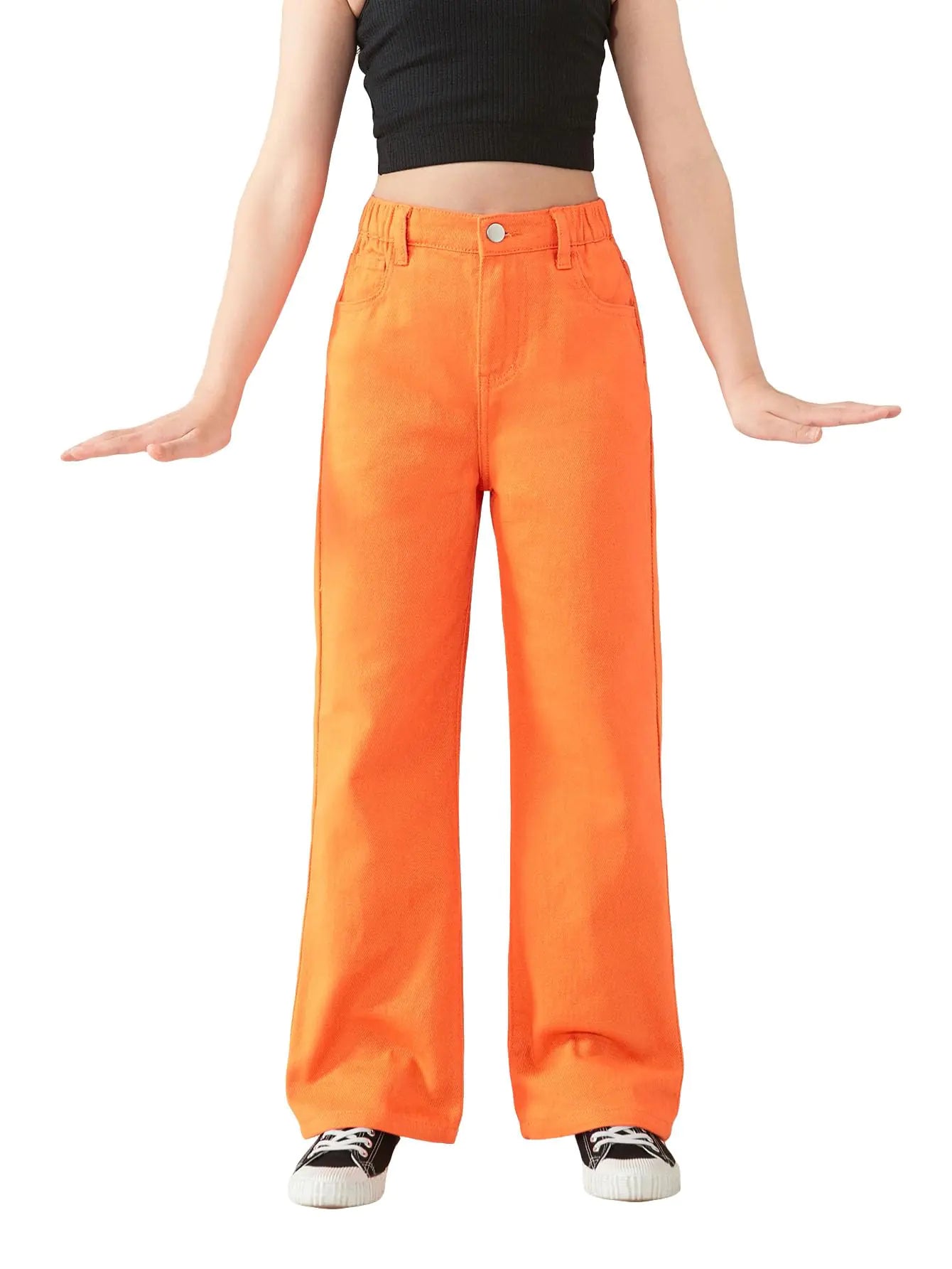Girls High Waisted Straight Leg Jeans. Denim Long Pants with Pocket