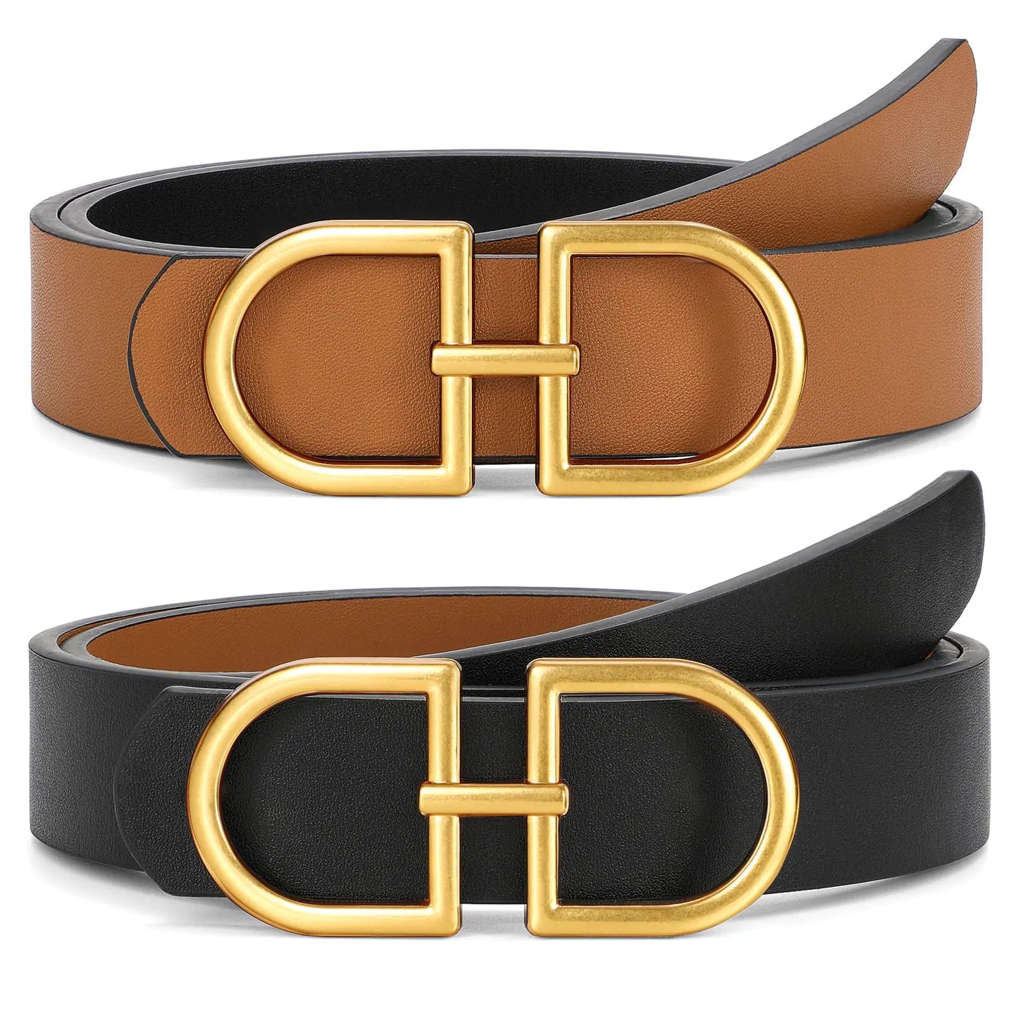 Reversible Leather Belt With Gold Buckle. Two-in-One Leather Womens Belt for Jeans Pants Dresses