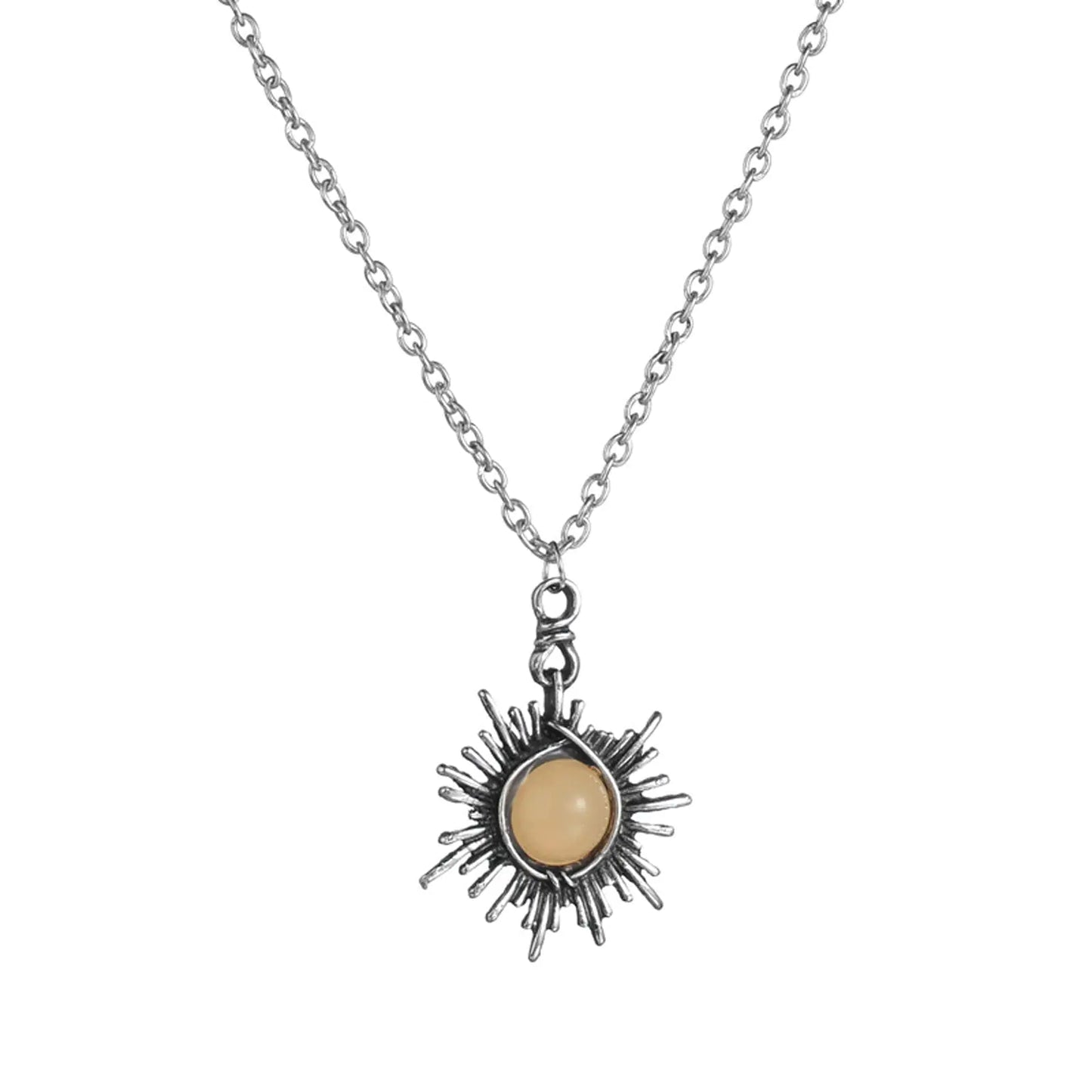 Boho Retro Opal Sun and Moon Necklace. Vintage Silver Asymmetry Moon, Star, Sun Hypoallergenic necklace for Women. Statement Jewelry