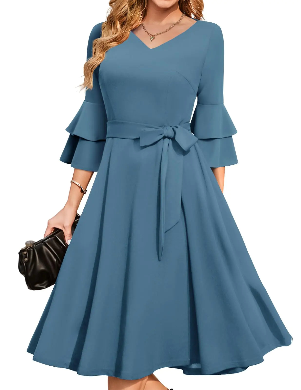 Modest Holiday Party Vintage Dress. Fit Flare Formal Long Sleeves Dress, Greyblue