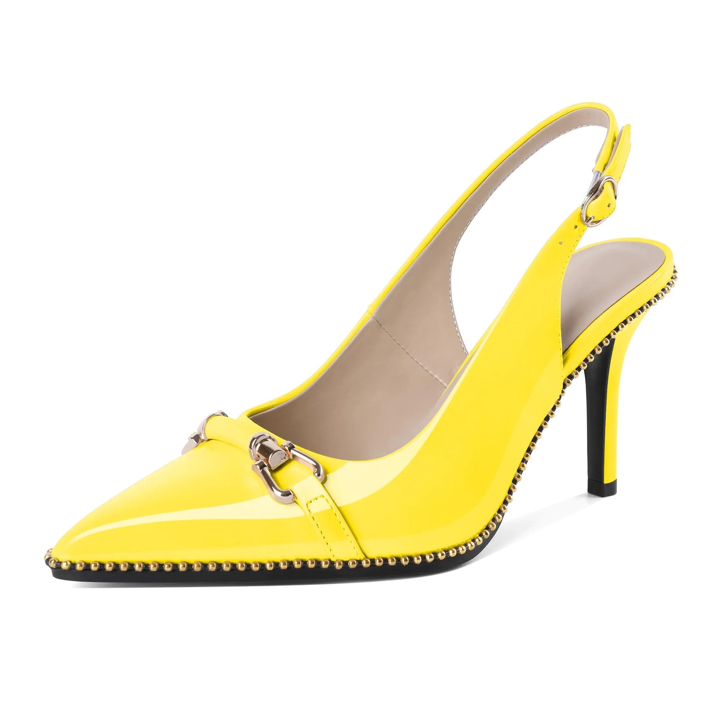 Closed Pointed Toe Stilettos High Heels. Slingback Buckle Gold Beaded Shoes for Work Cocktail Club Night Out. Size 10