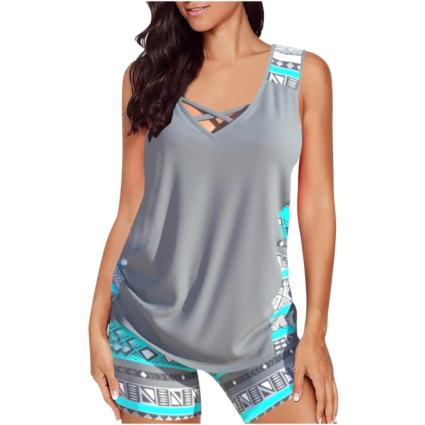 Swimsuits for Women. Loose Fit Crewneck Blouson Swim Tank Top & Shorts - 2 Piece Modest Sport Swimwear
