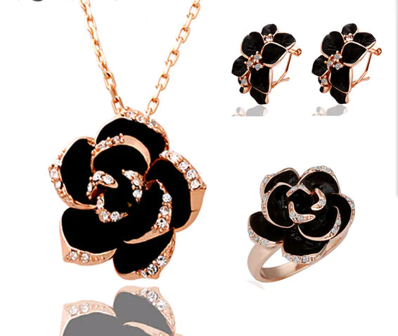 Camellia Earrings, Necklace, and Ring Jewelry Set
